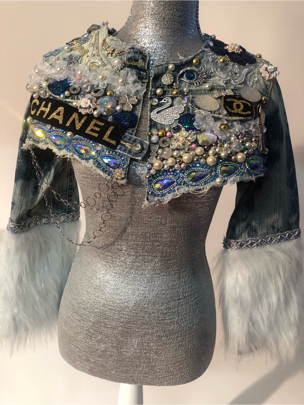 Embellished Denim Cropped Jean Jacket with Faux Fur Cuffs - Multi